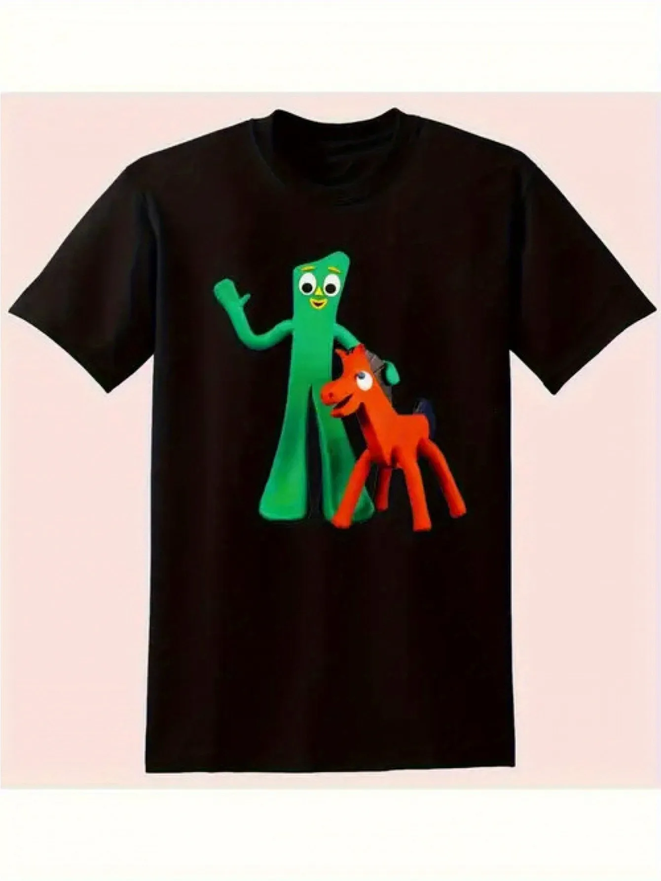 Men's Retro TV Program T-shirt, featuring Gumby and Pokey -Comfortable Loose Short Sleeve Shirt with Bright Green and Red
