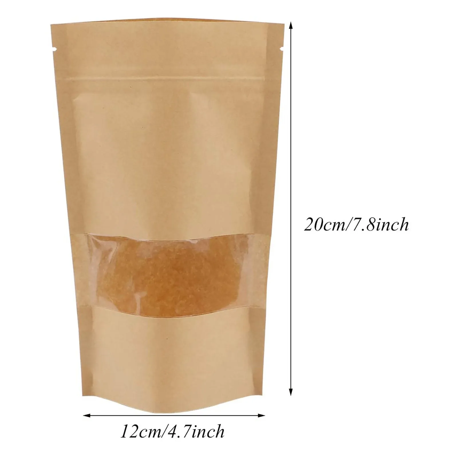 100Pcs Resealable bags, Stand Up Kraft Paper Bags with Matte Window, Zip Lock Food Storage Bags for Packaging Products, Reusable