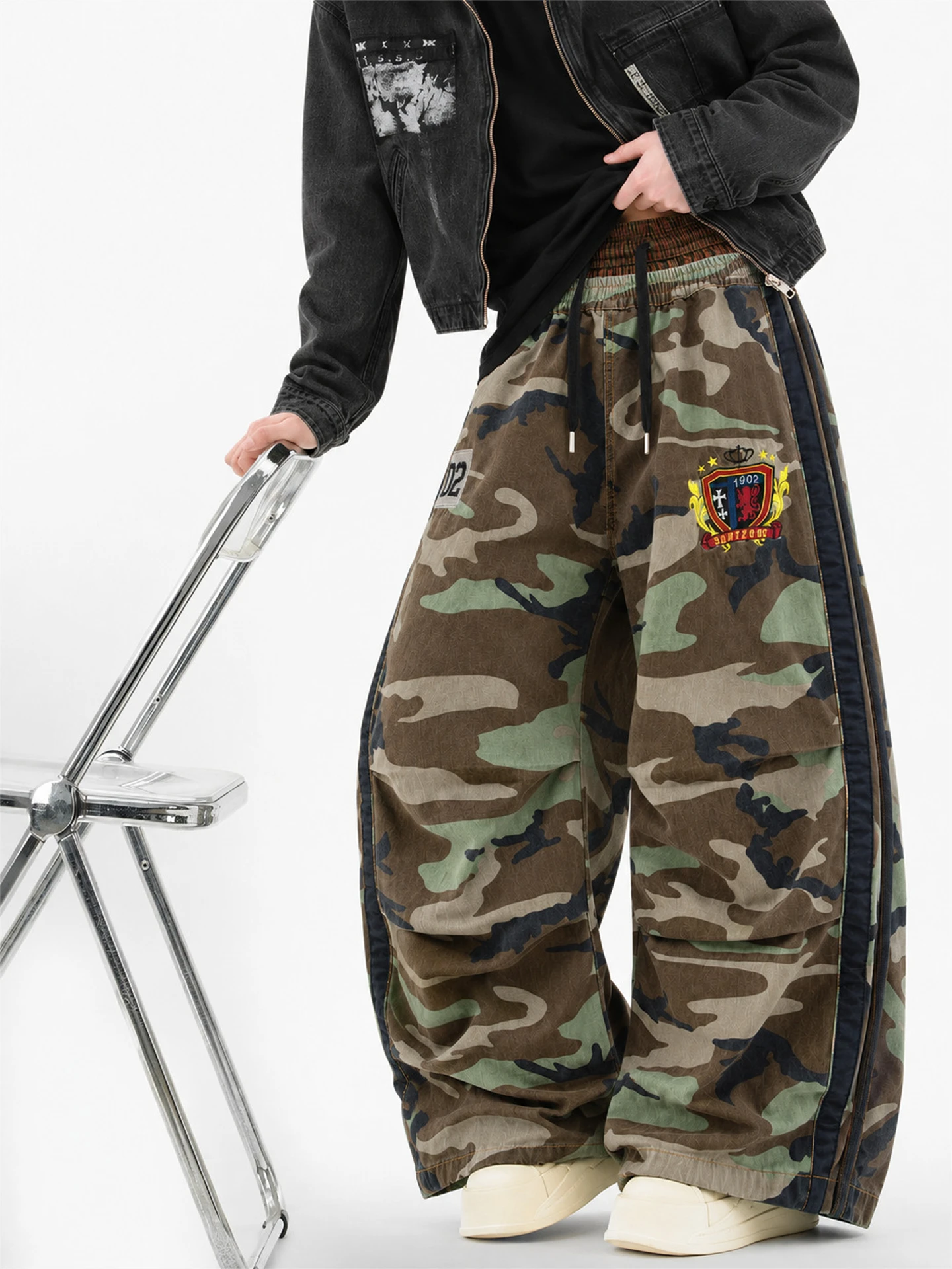 Loose Wide Leg Casual Pants for Men Autumn American Street Style Sport Emblem Embroidery Floor Length Trousers