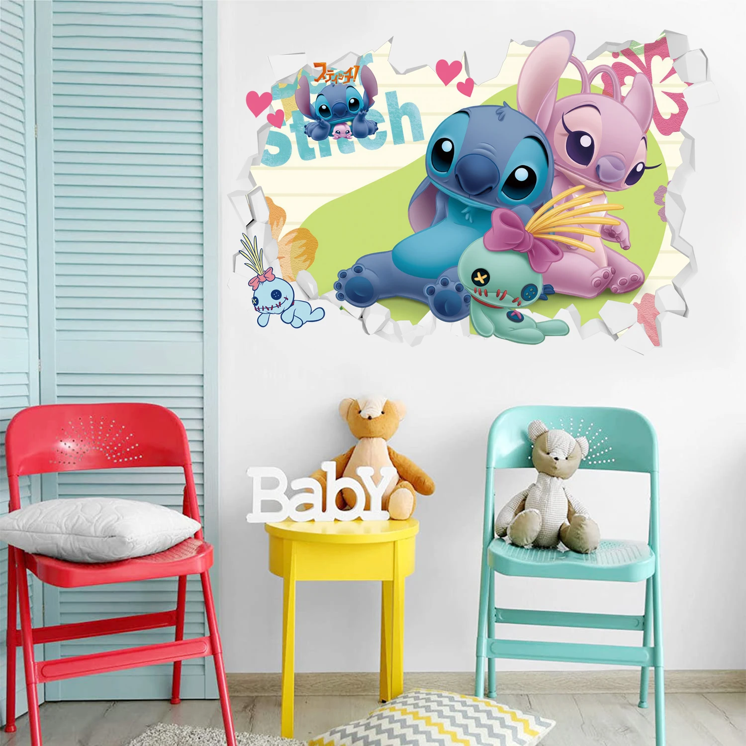 Cartoon Disney Stitch naklejki na ścianę do pokoju dziecięcego przedszkole salon sypialnia PVC dekoracja ścienna plakat animowany