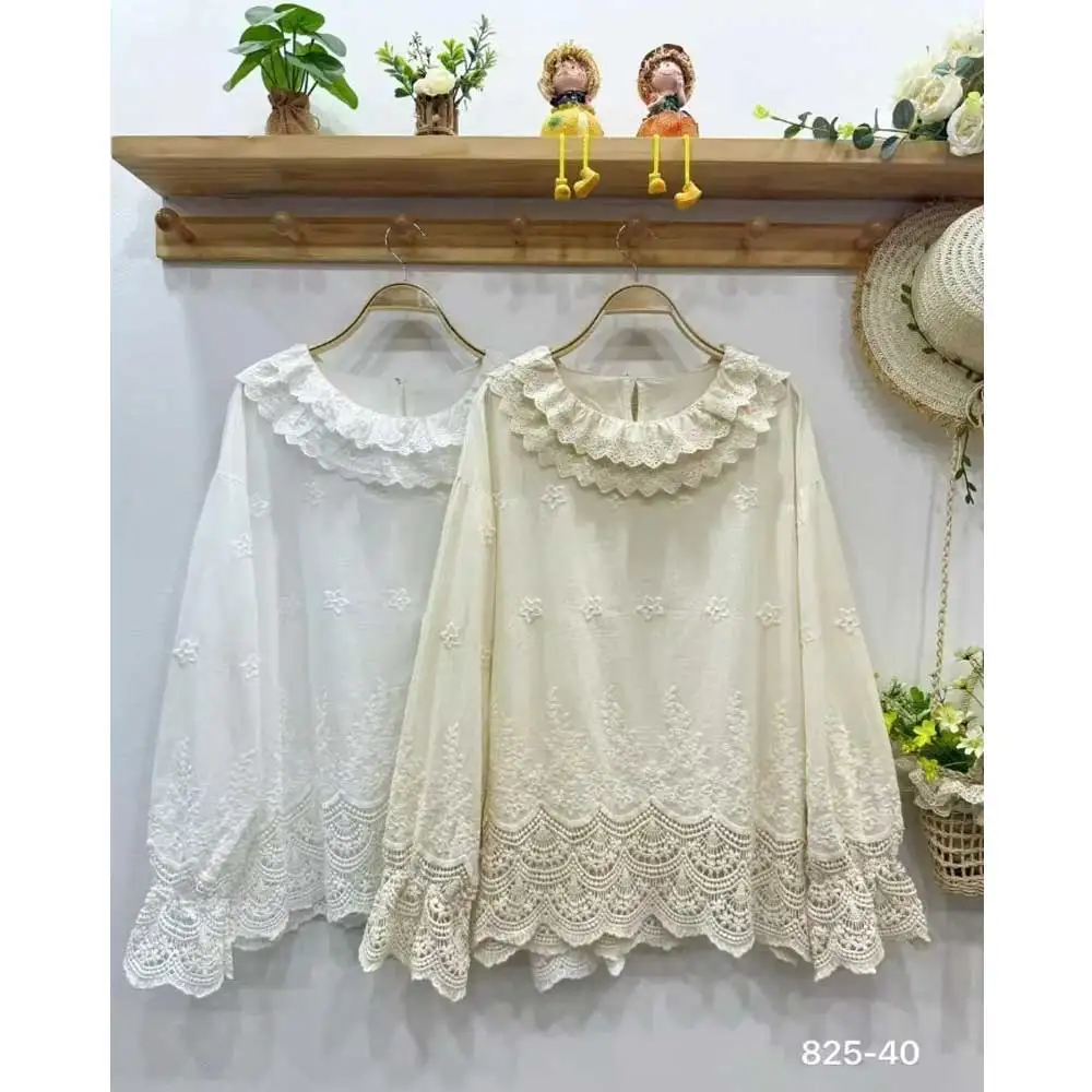 

Mori Kei Clothing Solid Color Lace Embroidery Hollow Out Cotton Shirts Women Japan Style O-Neck Long Sleeve Casual Blouse Tops