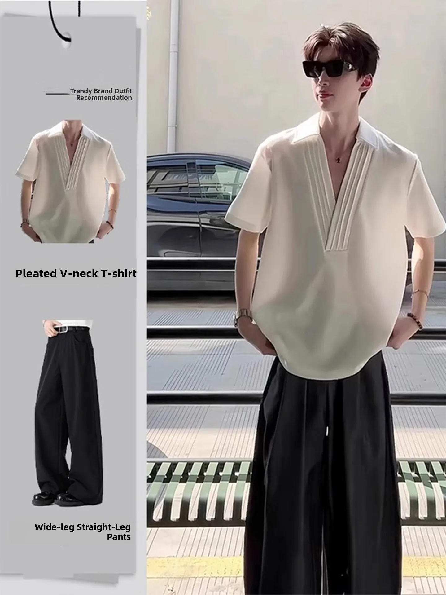 

American Sle Pleated V-Ne Padded oulder ort Sve T-irt with Knife Pleat West Pants Men's Set Summer Haome Match