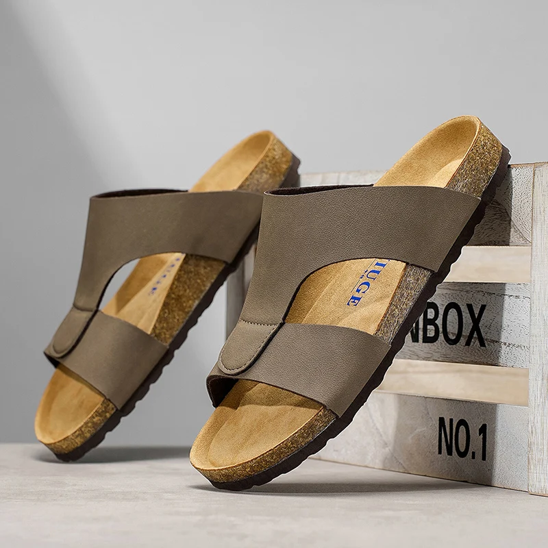 

2025 Summer Cork Sandals Men's Flock Faux Suede Mule Clogs Slippers Brown Classic Buckle Cork Slides Slippers For Men Slippers