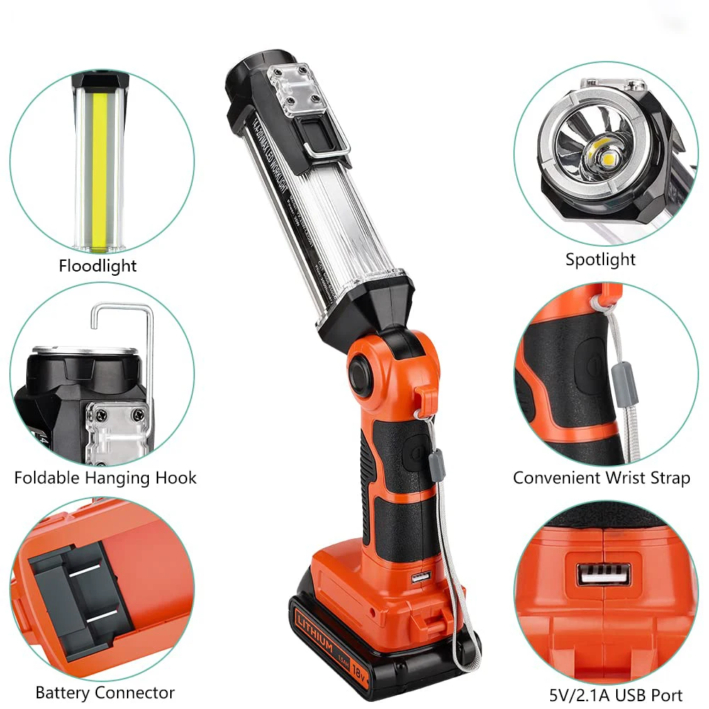 Outdoor Flashlight Portable Camping Light Rechargeable Battery LED Work Light for Black & Decker 20V Li-Ion Battery with Hook