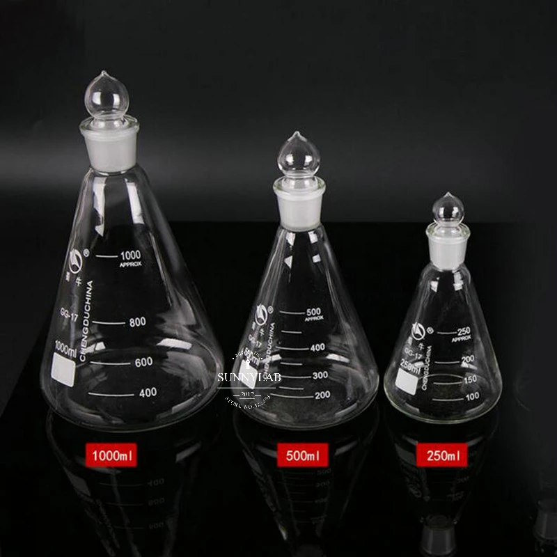 1Pcs/Lot 50ml to 1000ml Lab Borosilicate Glass Erlenmeyer Conical Flask with #19 #24 #29 #34 Ground-in Stopper