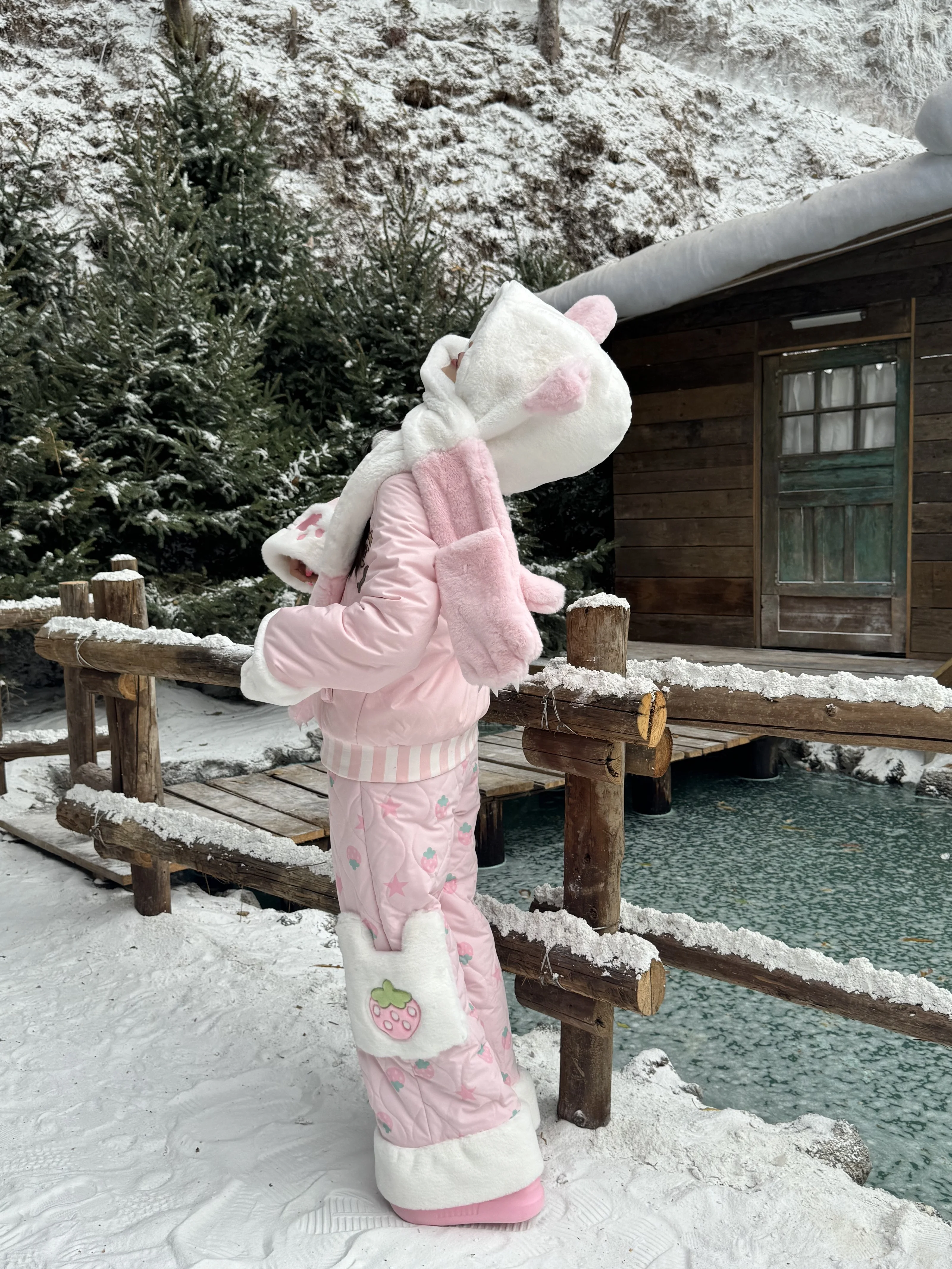 오리지널 일본 귀여운 소녀 스타일 스위트 파카 팬츠 세트 겨울 2025 여성용 플러시 따뜻한 두꺼운 애니메이션 프린트 카와이 다운 파카