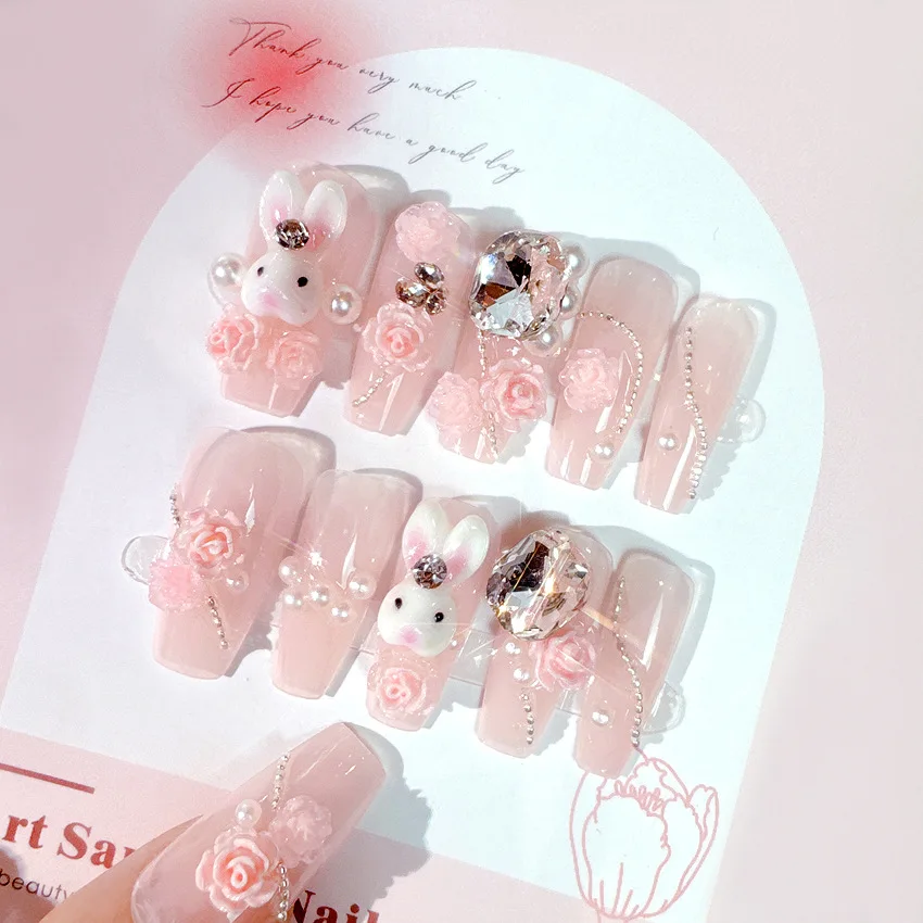 24pcs Kawaii Rabbit Press on Nails Pink Flower Rhinestone Full Cover Artificial False Long Coffin Nail Acrylic Fake Nails %&ABS