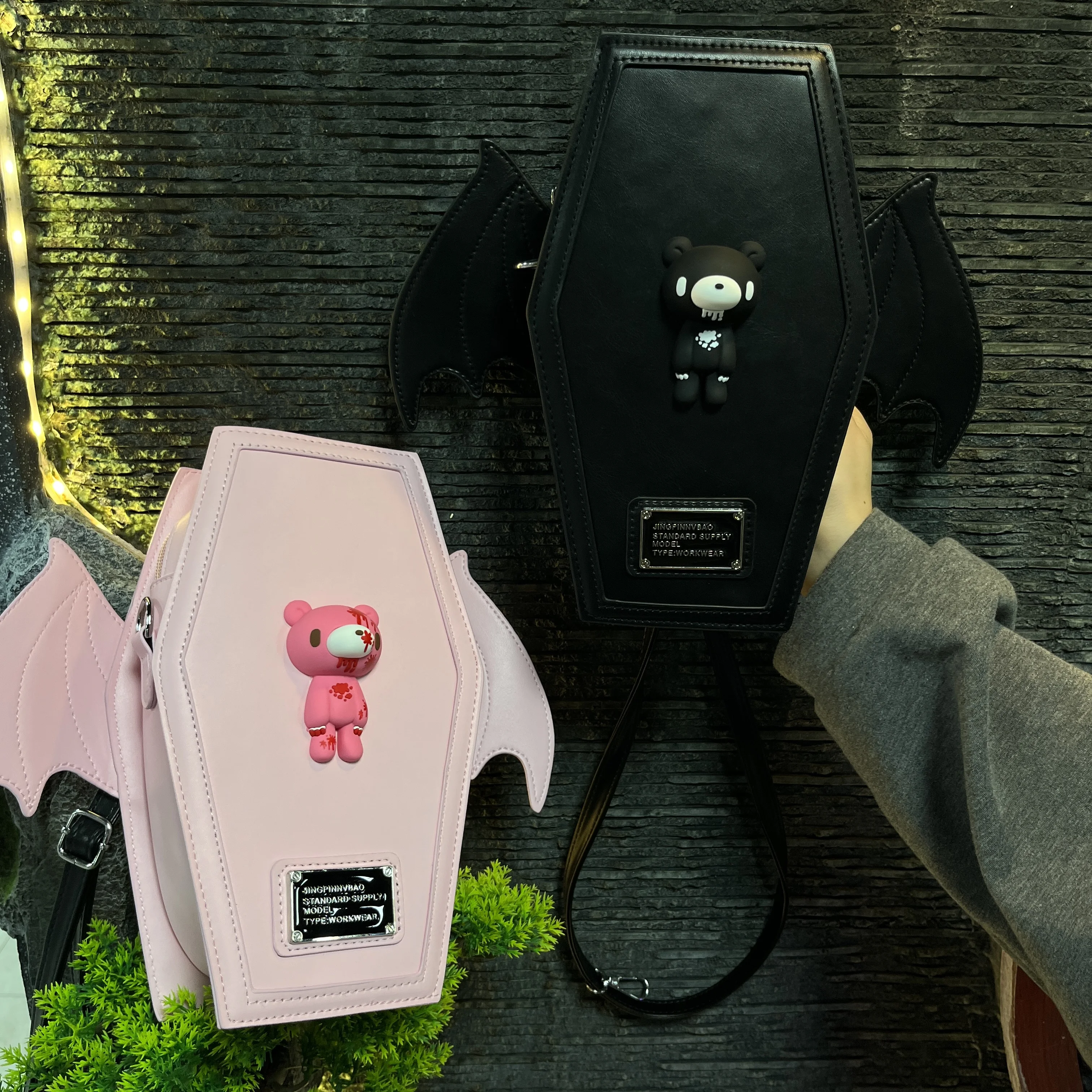 Gothic Coffin Shape Backpack Bat Wings Violent Bear Crossbody Bag Y2K Dark Lolita PU Leather Shoulder Purse Harajuku Girl Gift