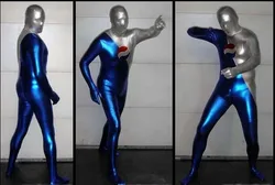 Blue and Silver Shiny Metallic Pepsiman Superhero Costume Cosplay Zentai Full Bodysuit Halloween Party Costume