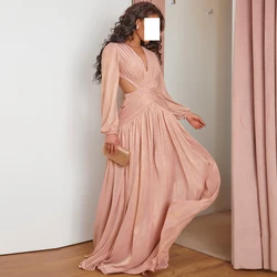 Elegant Party Dresses Woman 2024 V-Neck Long Sleeve Zipper Back Sweep Train Pleats Solid Color Plus Size Dresses For Occasions