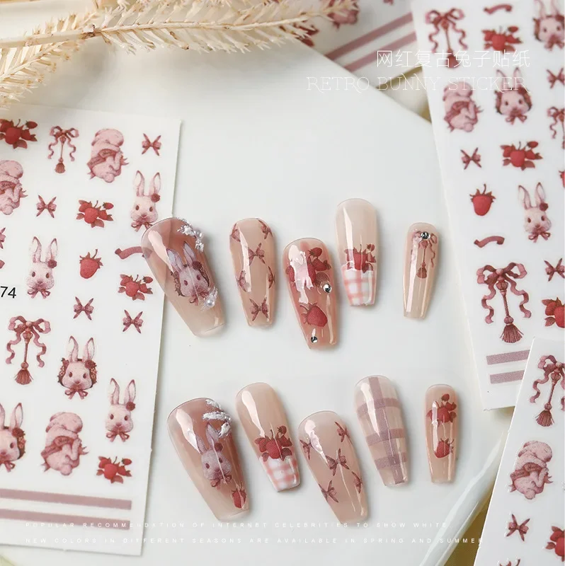 Rococo Style Vintage Retro Lovely Rabbit Nail Stickers Pink Kawaii 5D Nail Art Self Adhesive Strawberry Check Nail Accessories