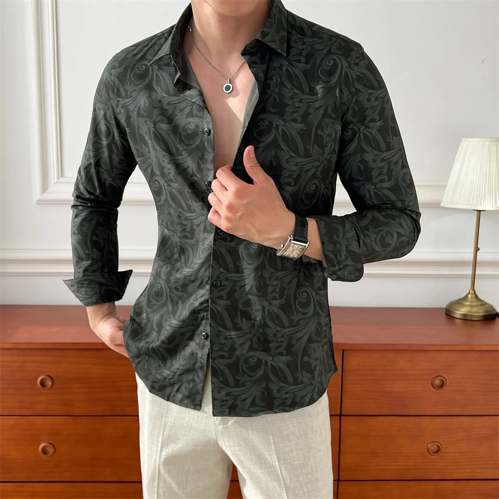 Luxury Long-sleeved Men's Shirt Spring Autumn Slim Fit Button-Down Man Print Shirts Vintage Business Casual Camisas Masculina