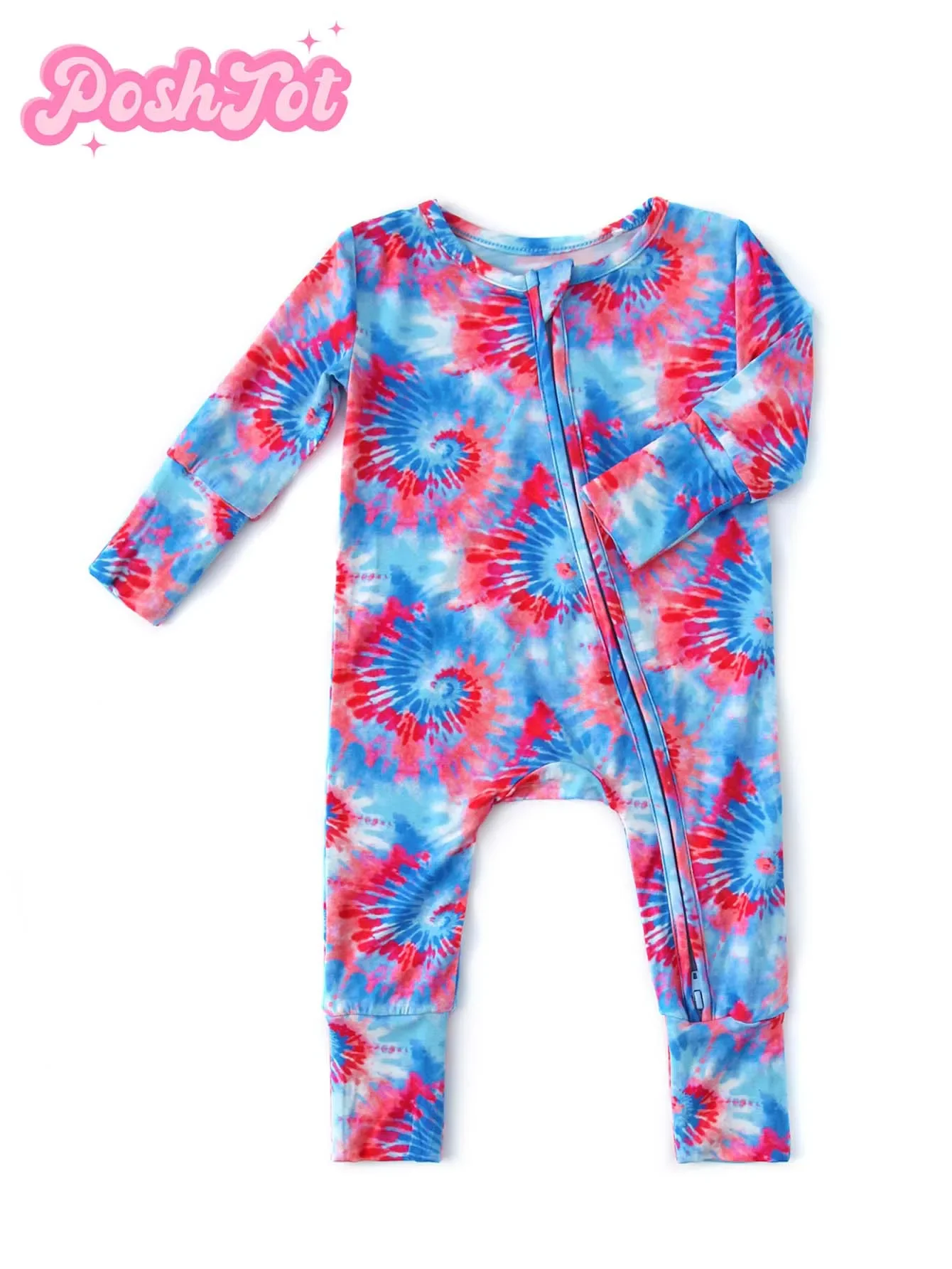 POSHTOT Tie-dye Printing Bamboo Fiber Baby Long Sleeve.Baby Pajamas Two-way Zipper 0-2 Years Romper. Baby Jumpsuit.