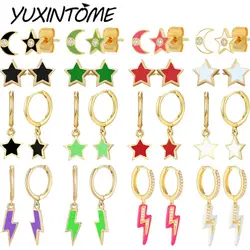 925 Pure Silver Needle Lovely Star/Lightning Pendant Gold Earrings Color Enamel 18mm Hoop Earrings for Women Fashion Jewelry