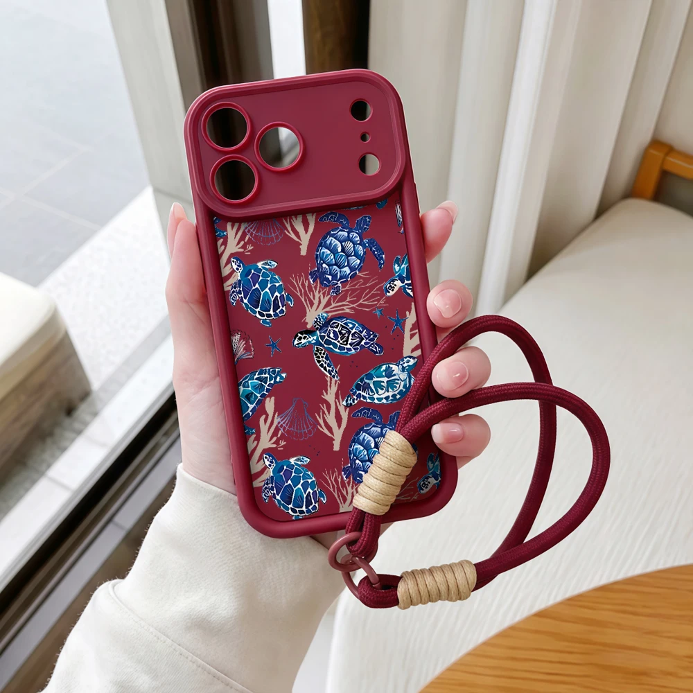 Meeresschildkröten-Ozean-Lanyard-Handyhülle für iPhone 12 13 14 15 16 17 Pro Max 16 15 14 Pro Plus 17E Stoßfeste Matte Silikonhülle – Detail 7