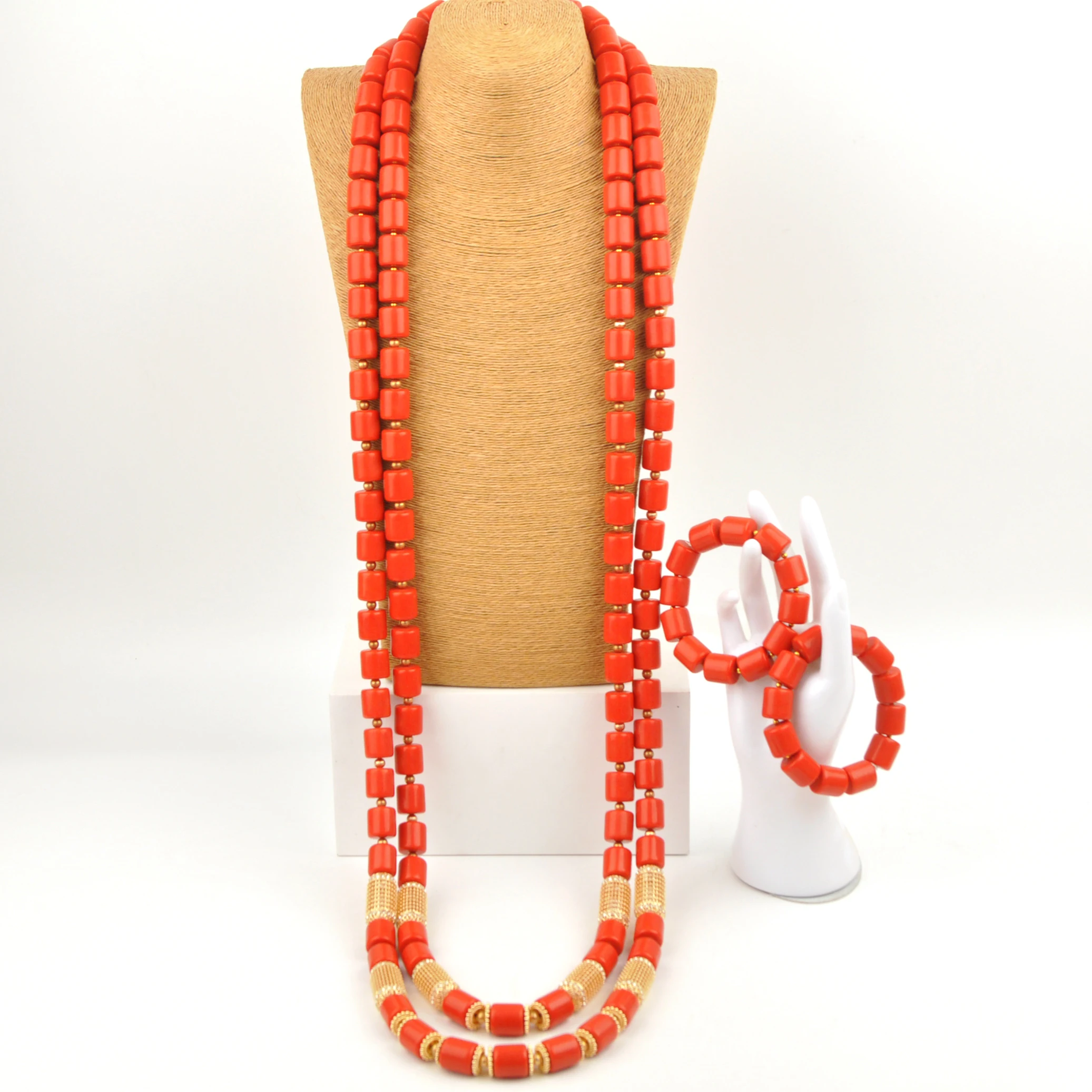 

2Layers 55inches Long Nigerian Wedding Groom Necklace Sets Artificial Coral Jewelry Set for Men