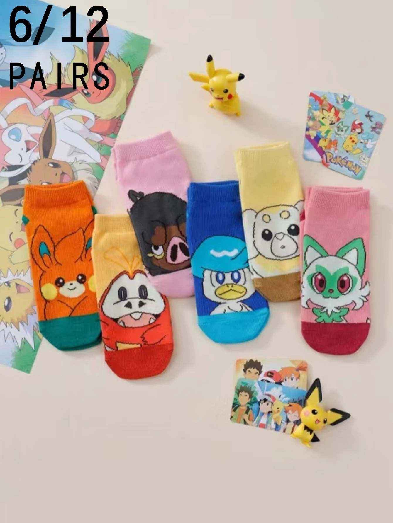 

6/12 пар miniso, новые дышащие впитывающие повседневные женские короткие носки с мультяшным рисунком Pok é mon