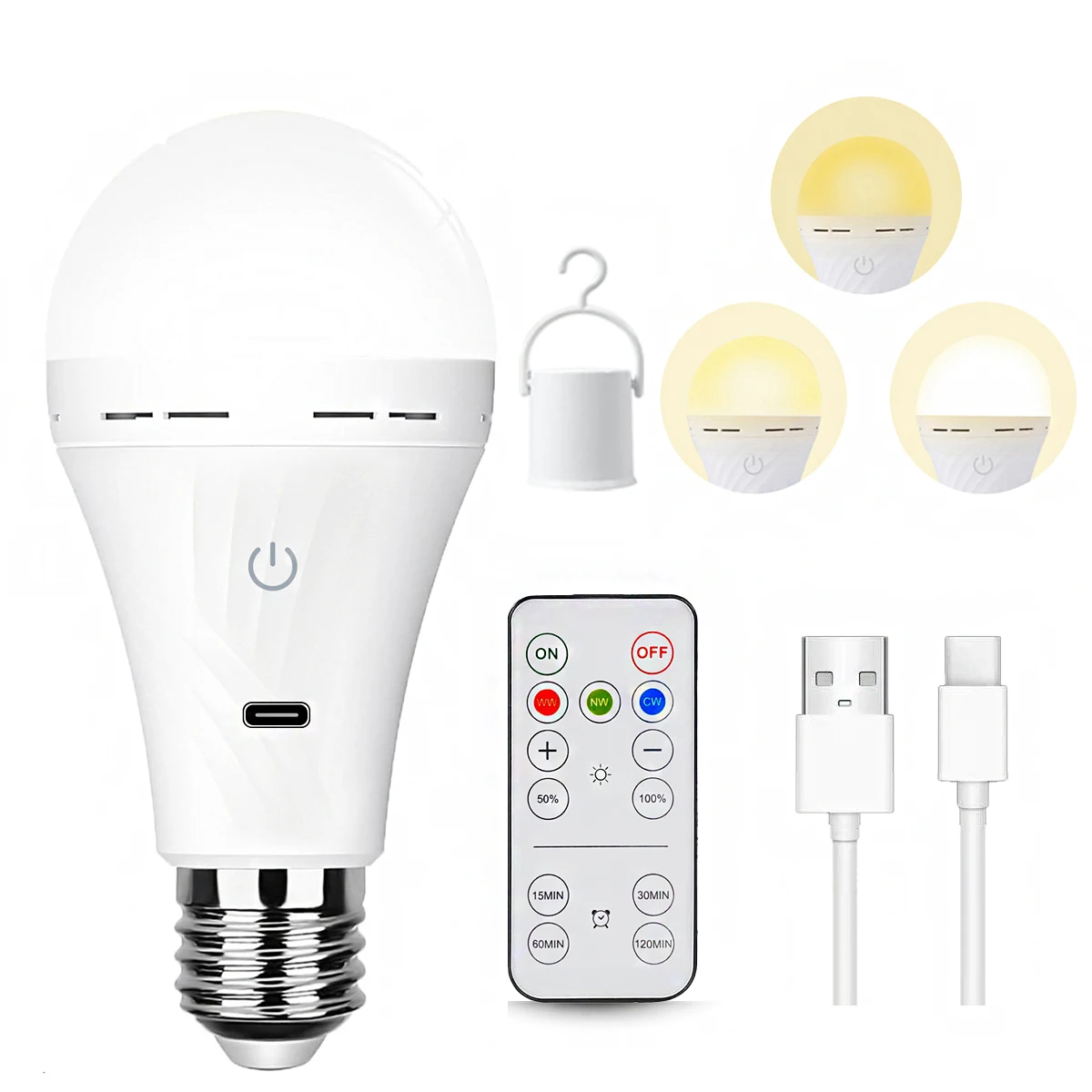 E27 LED Emergency Bulb USB Type C Rechargeable 3000K-6000K Three Color Changing Light Remote Control Indoor Home Lighting