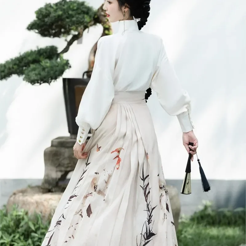 2023 New Chinese Style Improved Hanfu Set Autumn Winter Ink Printed Horse Face Skirt Mamian Hanfu Dress Costume