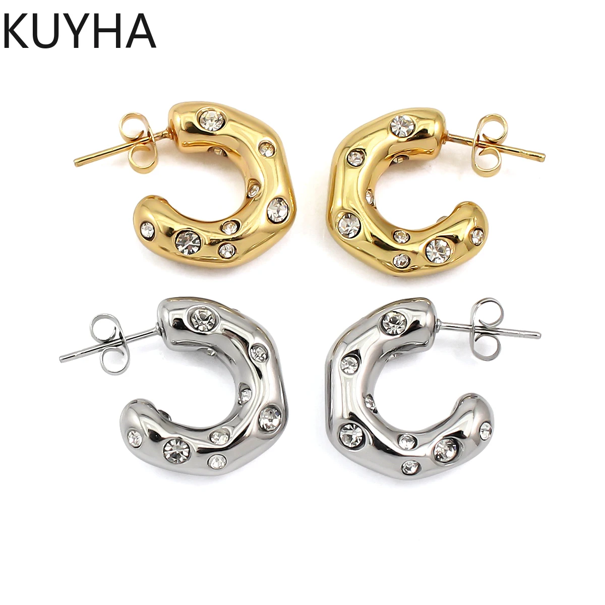 Hot Sale Waterproof Thick Colorful Zirconia Earrings Stainless Steel C Luxury Jewelry 18k Gold Plated Stud Huggies Earrings