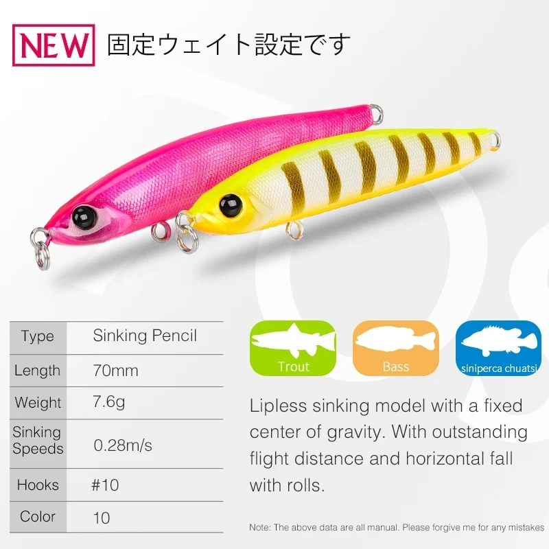 TSURINOYA 2PCS 70S Sinking Stick Bait 70mm 7.6g Pencil Fishing Lure Full Swimming Layer Long Casting Fake Fish Hard Bait