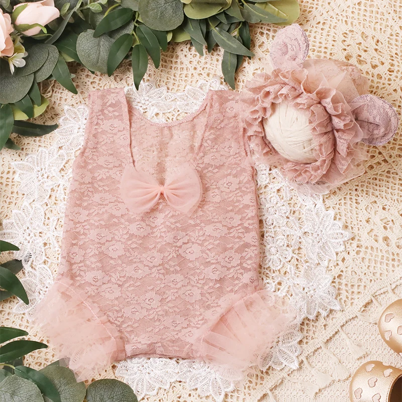 Ylsteed 2 Pieces Set Newborn Infant Photo Shooting Lace Romper with Ear Hat Dusty Pink Baby Girl Photography Clothes