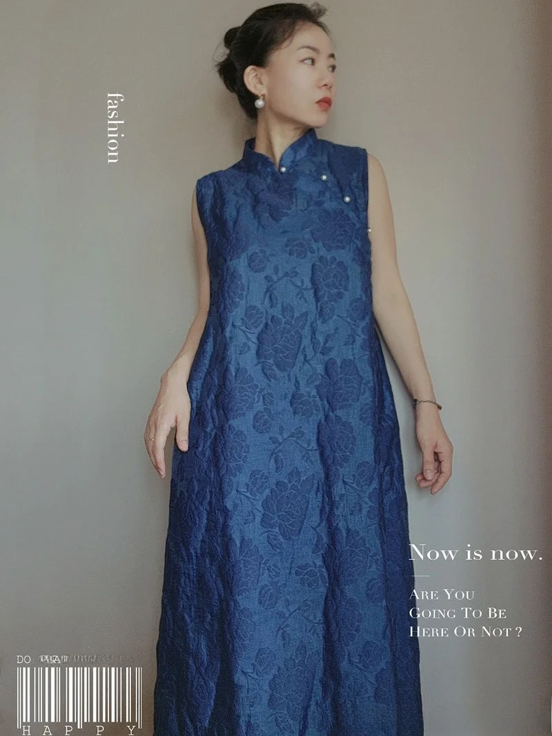 

New Chinese Sle Loose Long Svel Dr Indigo Traditional Slant Collar Design Polyester Fiber Medium Length Skirt