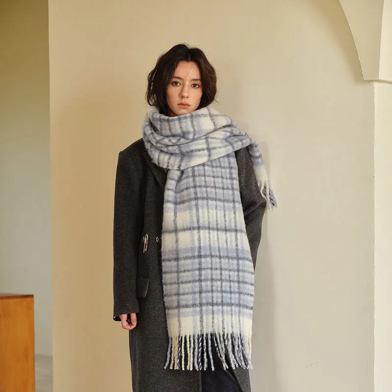 2024Autumn/Winter New Blue and White Contrast plaid Wool Blended Warm Women's Scarf Thickened Warm Outer Wear Simple plaid Shawl