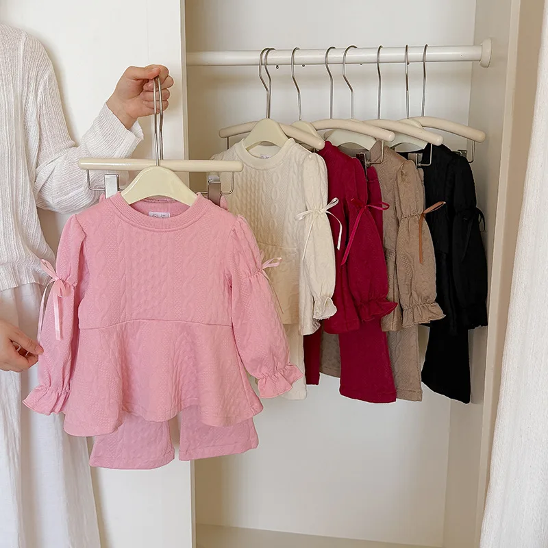 Girls' Sets 2026 Spring Autumn Knitted Two Piece Set Long Sleeve Top Bell Bottom Pants Set Baby Children's Clothing Solid Color