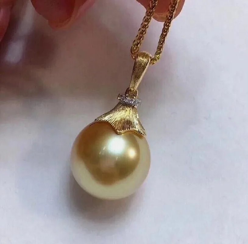 AAAA 11-12mm Natural South China Sea Gold Round Pearl Pendant Necklace 925S