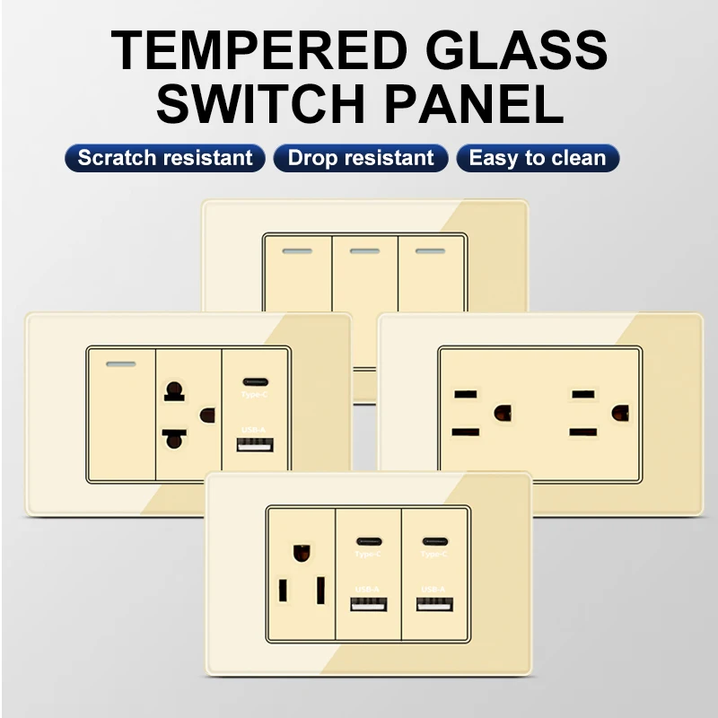 

118*75mm Tempered Glass US Wall Socket Gold Thai USB Socket Plug with Dual USB Type-C Ports,Light Switch 110V