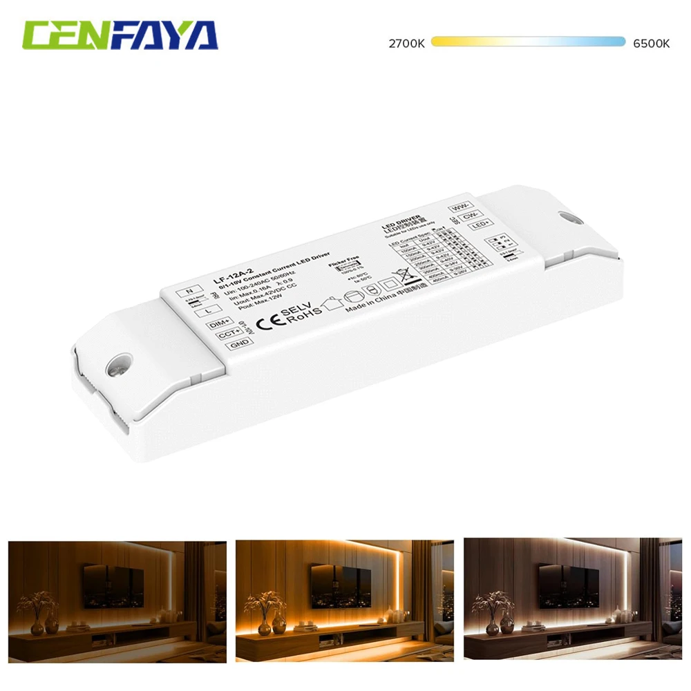 CENFAYA 12W CCT LED Driver 0-10V Dimmable Power Supply AC 220V Transformer for 2700K-6500K LED Light Smooth Flicker Free Dimming