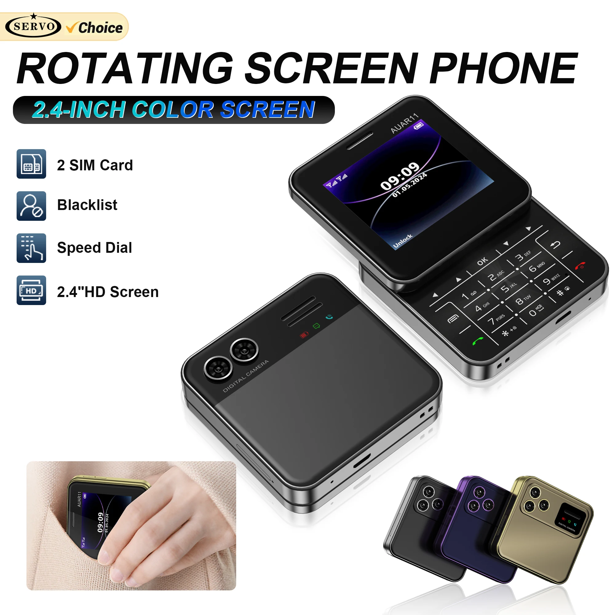 SERVO AUAR11 Rotatable Mini Mobile Phone 2G GSM Magic Voice FM Radio Quick Dialing Button Slider Small Cellphones 2 SIM Standby