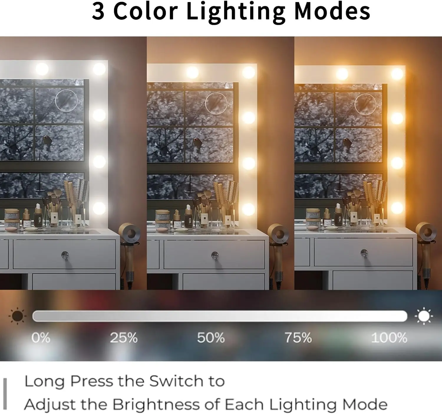 Bedroom Vanity Desk, Wood, White, with Mirror, 12 LED Lights, 9 Drawers, Fold-up Panel & 3 Adjustable Lighting Modes