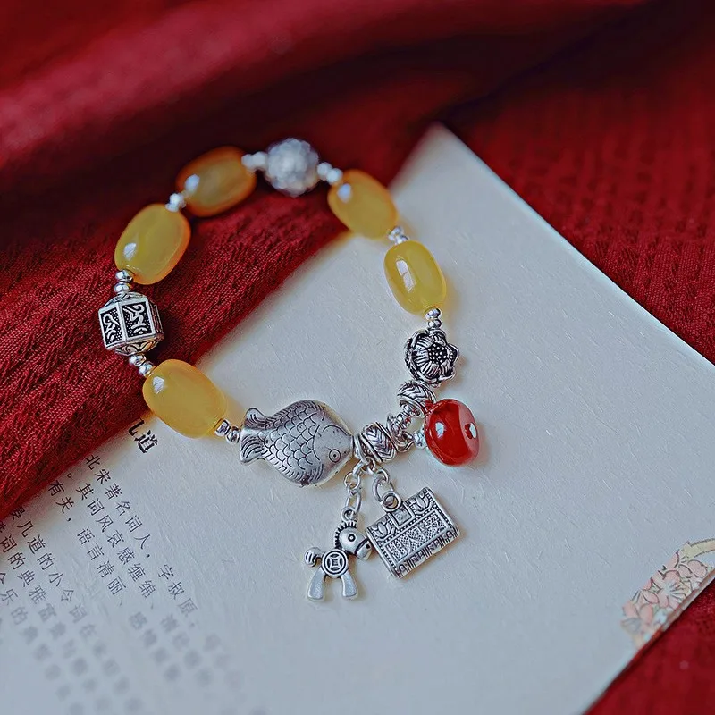 New Agate Tibetan Silver Bracelet Six Character True Words Yellow Beeswax Old Honey Wax Amber Bracelet Women Lover Jewelry Gift