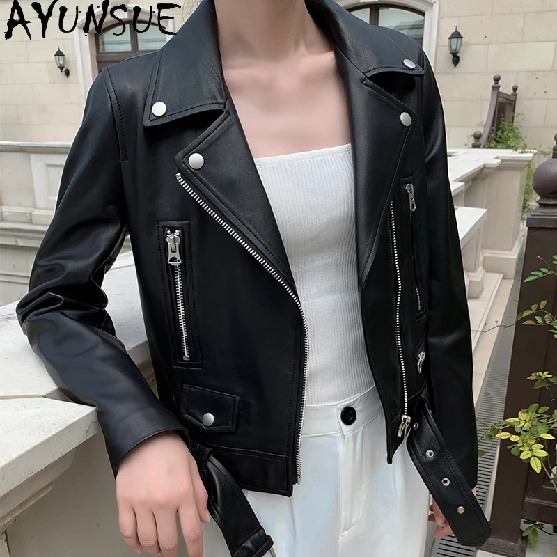 

AYUNSUE Real Leather Jacket Sheepskin Women's Motorcycle Leather Jacket Spring Autumn Black Short Trendy Coats Jaqueta Feminina