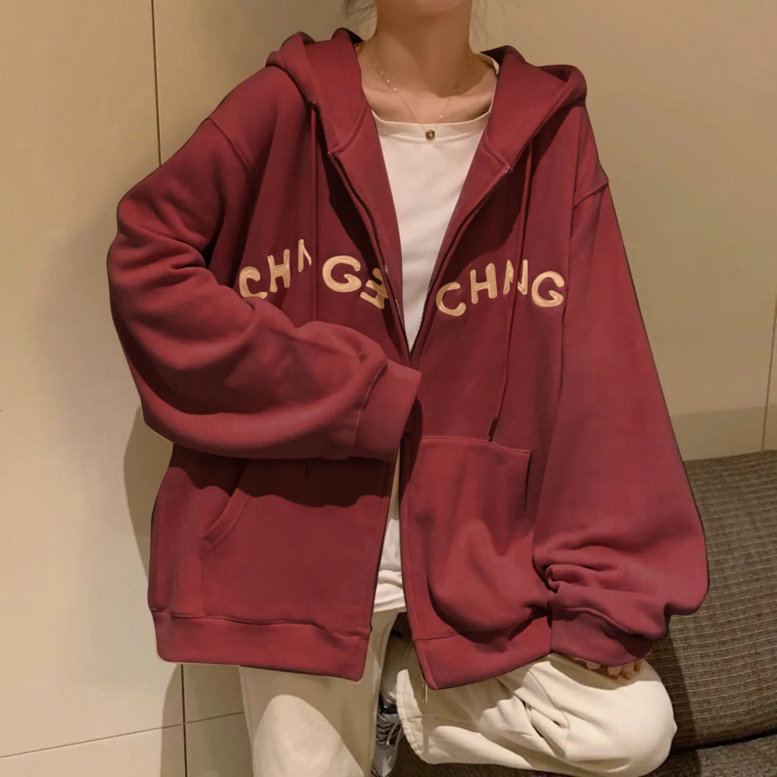 2024 Women Zip Up Hoodies Autumn Letter Print Y2k Oversized Hoodie Kpop Korean Style Long Sleeve Loose Sweatshirt Sudaderas