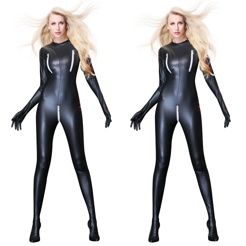 

Women Sexy Patent Leather Jumpsuit Bondage Zentai Catsuit Wetlook PU Latex Leotard Zipper open Crotch Bodysuit Erotic Clubwear