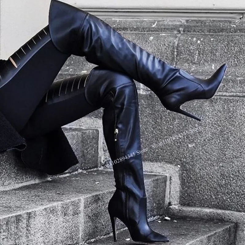 Black Over Knee High Zipper Boots Thin High Heel Pointed Toe Sexy Fashion Winter Casual Big Size Woman Shoes Zapatillas Mujer