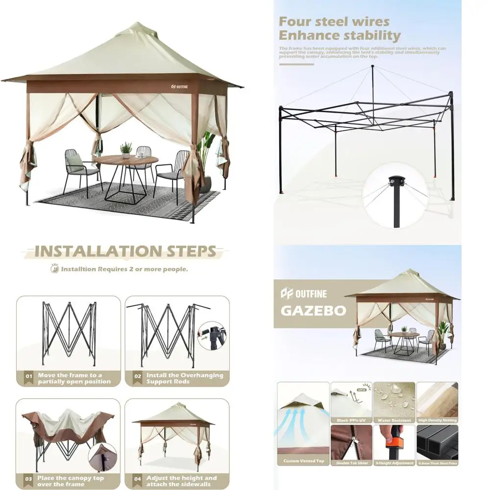 

Сверхмощная выдвижная альтанка 12x12 с металлическим каркасом и усиленными стальными кабелями, включая сетчатые шторы для наружного укрытия.