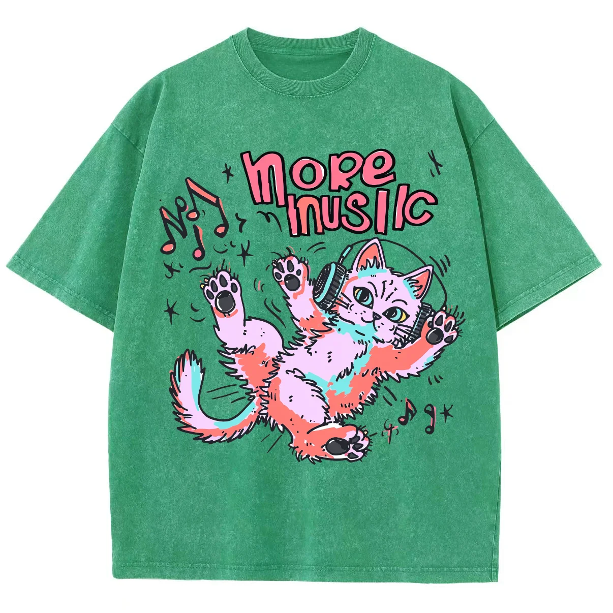 Unisex música gato gráfico lavado t-shirt, T-pescoço extragrande, rua Hip Hop, manga masculina e feminina, casal universitário, topo Y2K