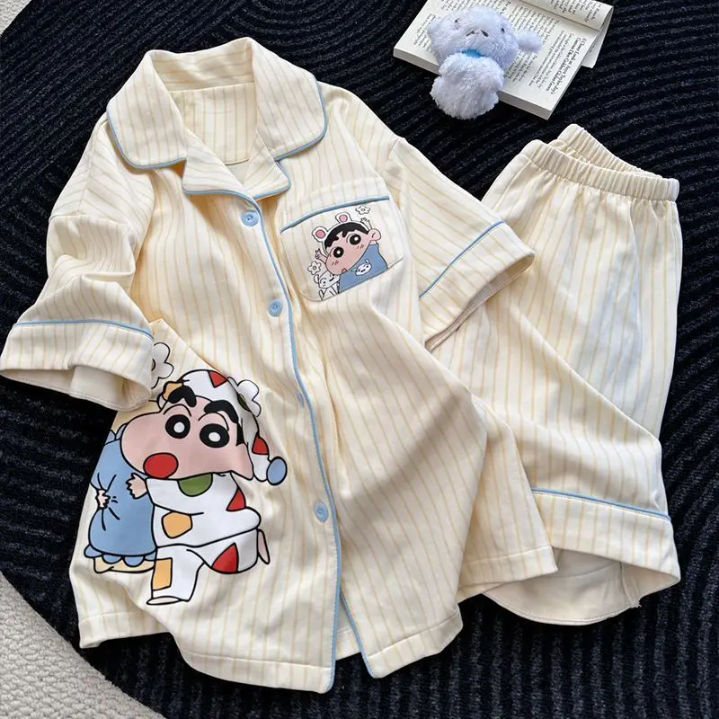 crayon-shin-chan-ensemble-pyjama-d'ete-pour-filles-nouveau-modele-en-coton-manches-courtes-et-short-raye-dessin-anime-tout-en-coton