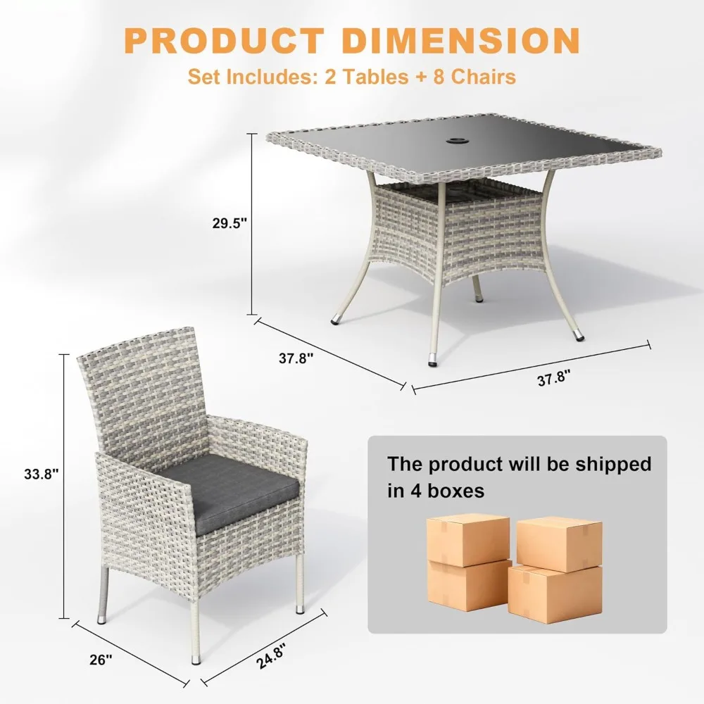 طقم طعام فناء مكون من 10 قطع، طقم أثاث خارجي مع طاولة طعام فناء من الخوص وكراسي فناء، تصميم قابل للتوسيع. #4