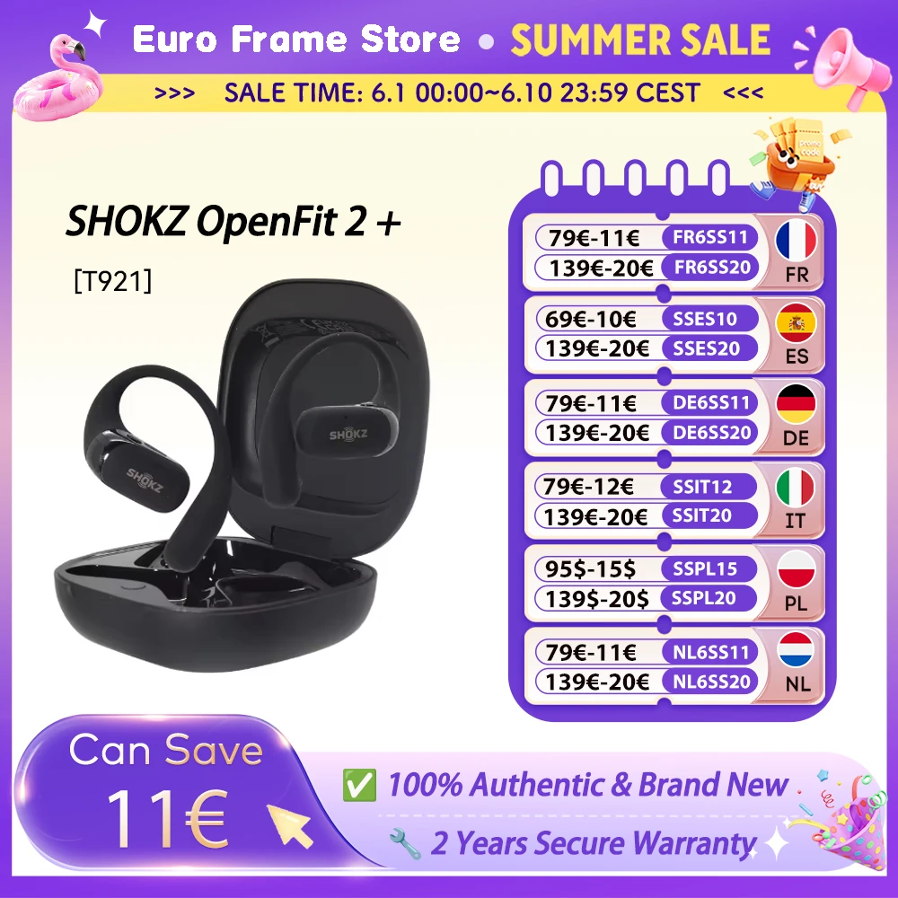 SHOKZ OpenFit 2 + T921 écouteurs d'oreille gratuits Dolby Audio Compatible 48 heures IP55 résistance à l'eau USB-C charge sans fil nouveau T921
