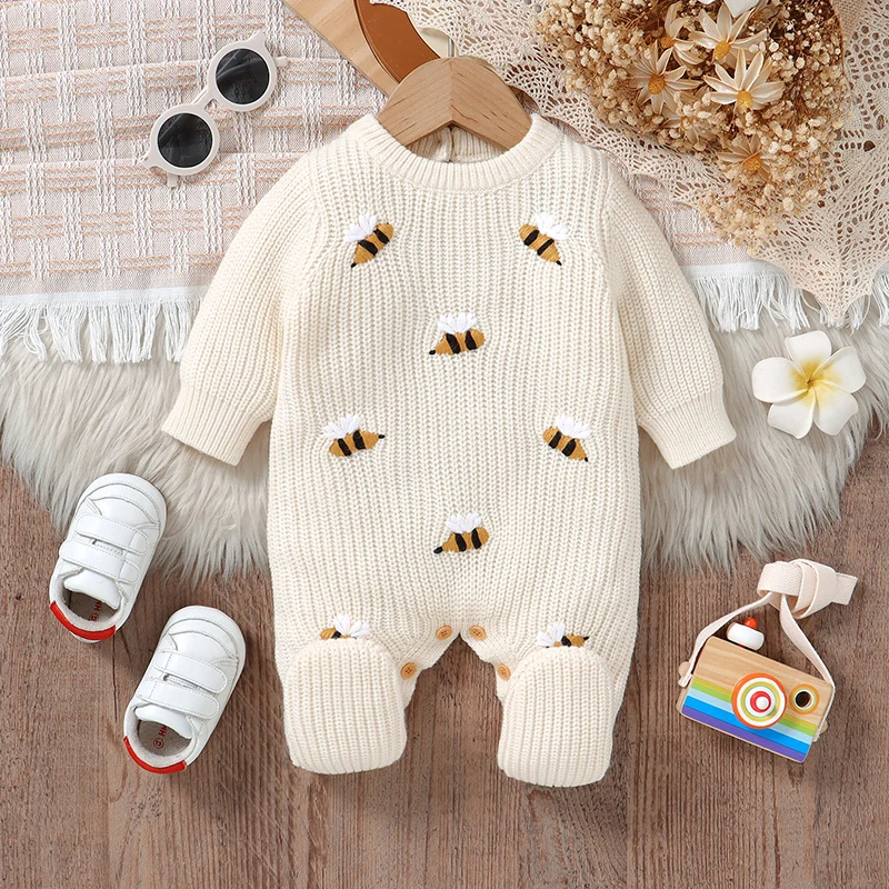 Baby Rompers Clothes 0-18m Autumn Winter Long Sleeve Knitted Newborn Boys Girls Beige Jumpsuits One Pieces Infant Unisex Outfits