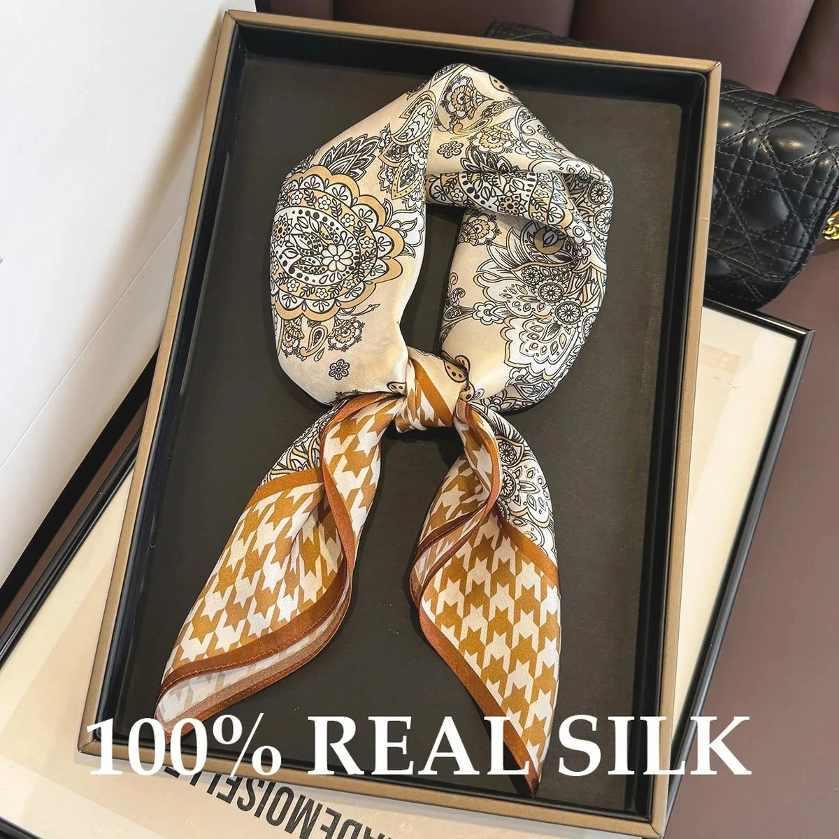 

100% натуральный шелковый платок с узором «гусиная лапка», квадратный, для защиты от солнца, шаль, накидка, хиджаб, пашмина, пончо, бандана, шейный платок