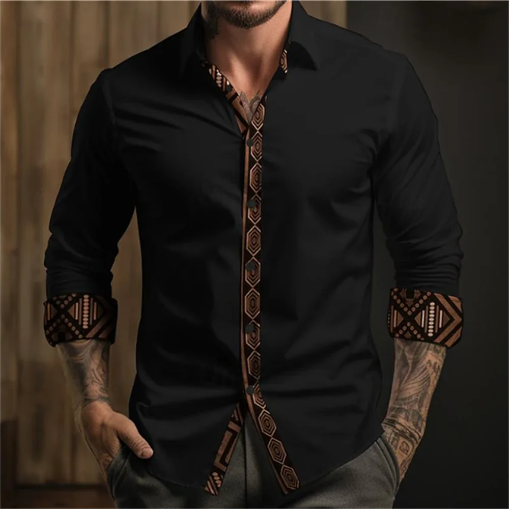 Fashionable flame casual dark men's long sleeved shirt button up shirt daily spring and autumn collar shirt long sleeved top