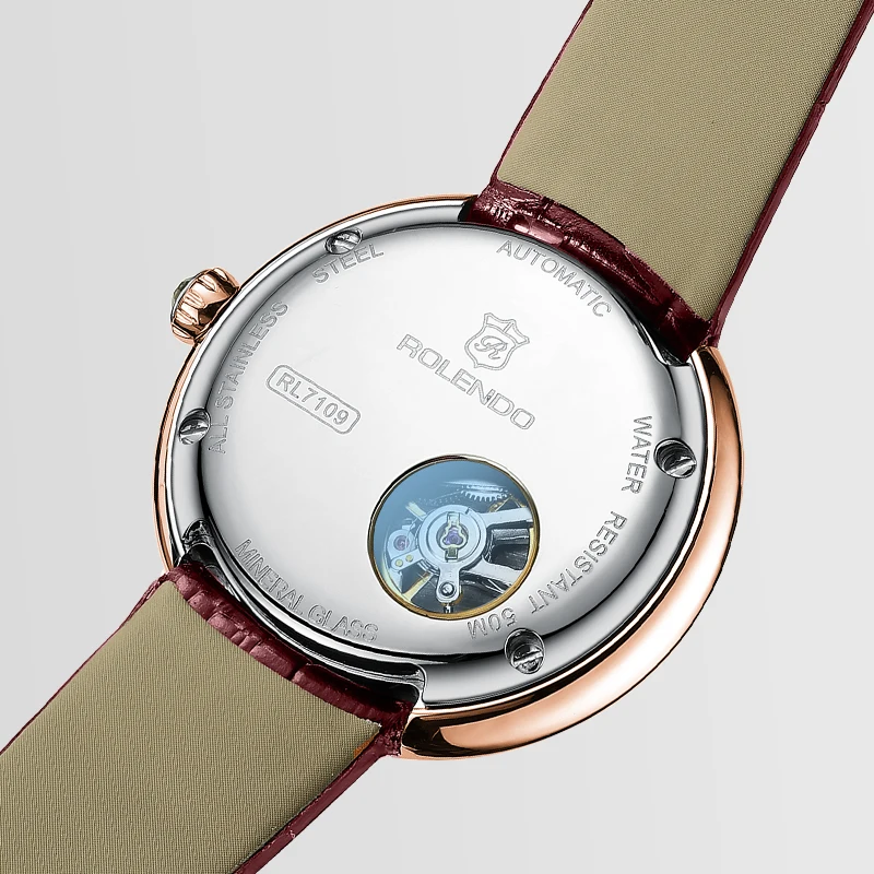 ROLENDO Women Diamond Automatic mechanical Watch Floral 35mm Sapphire Crystal Italian Leather Strap 50m Water Resistant Elegant