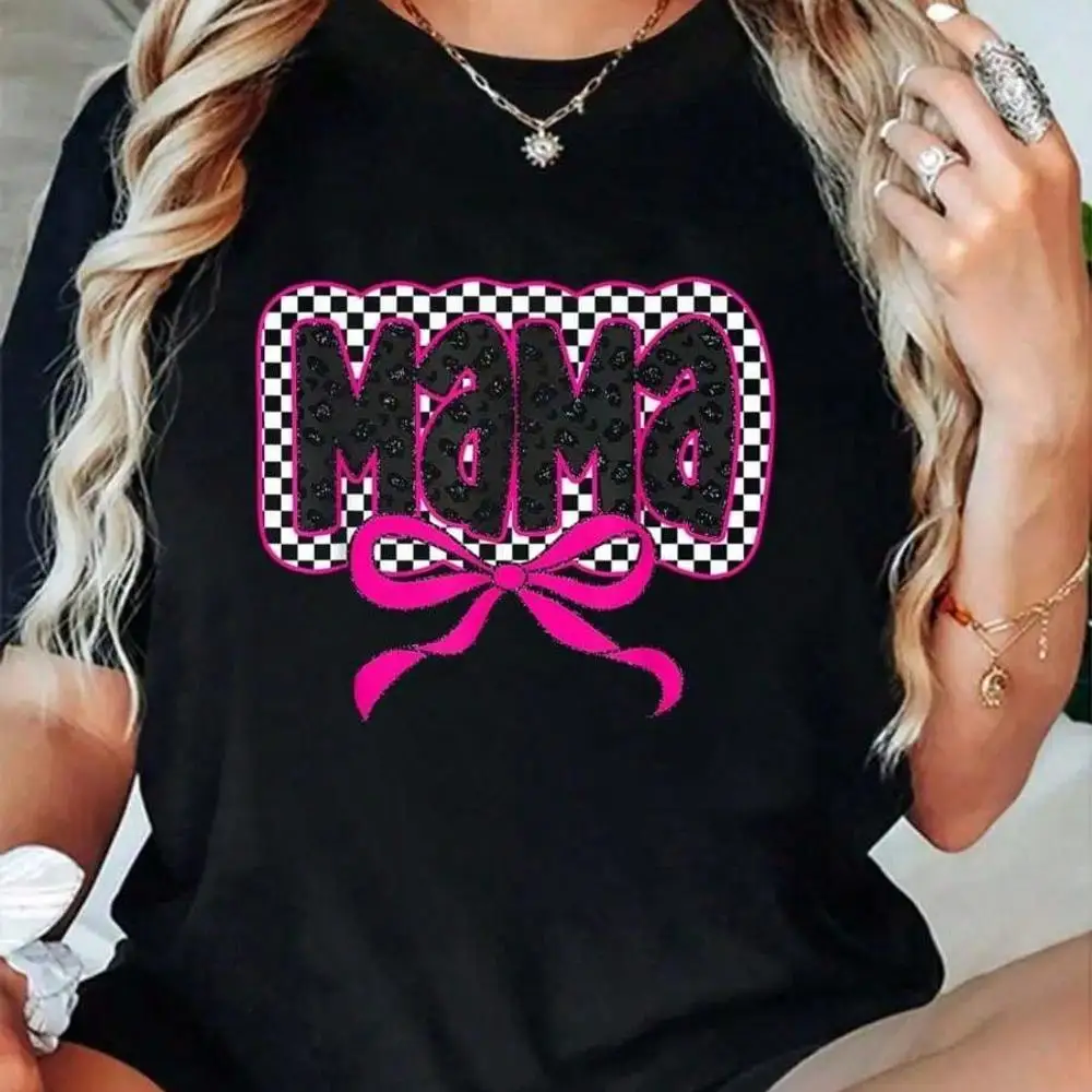 100_ Cotton Pink Mama Coquette Bow Mama Leopard Checkered Mother s Day-Shirt.PngComfortable Cotton