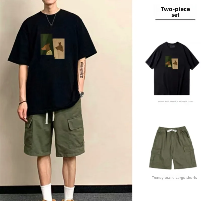 

Летний повседневный комплект из хлопка: футболка с коротким рукавом и брюки свободного кроя, мужская рабочая одежда, комплект из футболки с рукавом до локтя и брюк.